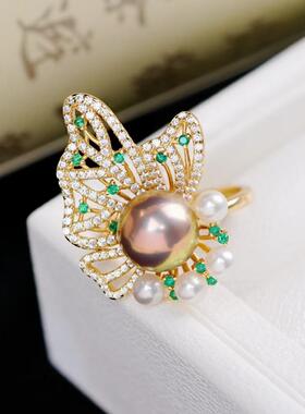 s925纯银戒指环 银饰多珠蝴蝶可调节珍珠戒指托DIY手工制作银空托