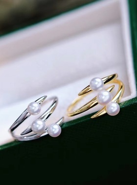 s925纯银戒指环 银饰多珠可调节珍珠戒指托 DIY手工制作银配件