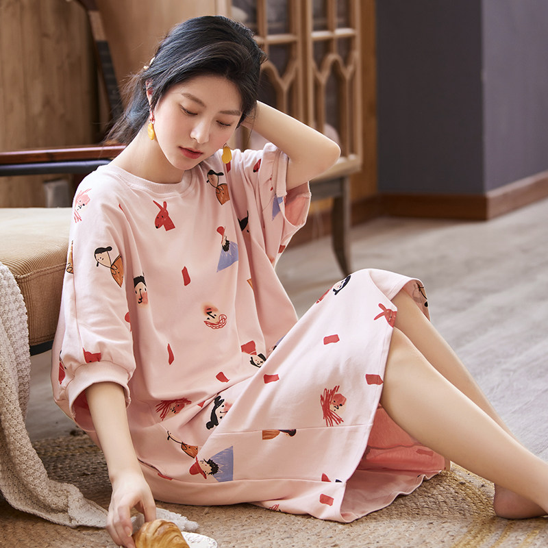 黛梦思夏纯棉短袖可爱粉色夏季睡裙 黛梦思睡裙