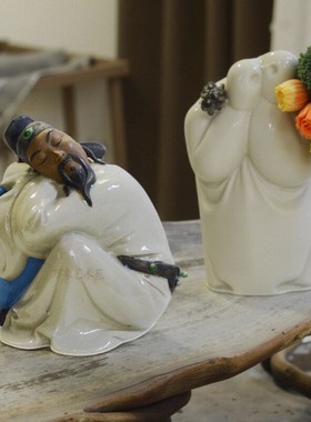 中国陶瓷摆件历史人物李白吸水石