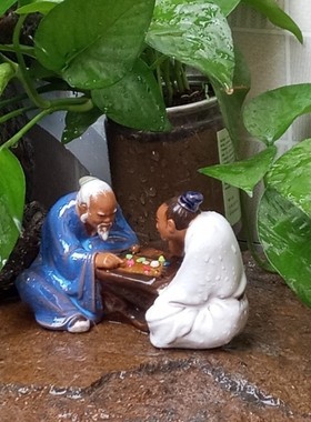 二人下棋雅趣陶瓷书桌台屏风摆件