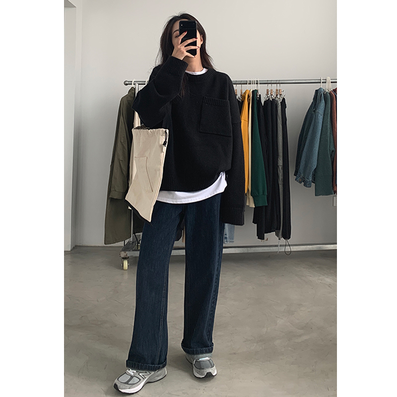 喜贵子育才专卖店孕妇阔腿裤子秋冬季外穿深蓝直筒裤春秋宽松拖地休闲托腹牛仔长裤2