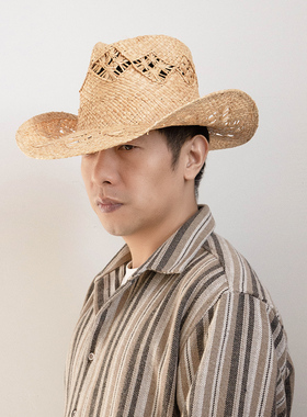 春夏简约百搭法式复古镂空透气拉菲爵士礼帽卷边牛仔男士遮阳草帽