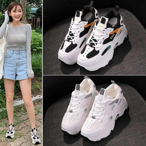 香港老爹鞋女2025新款秋季厚底增高休闲运动鞋子百搭真皮小白鞋潮 - 图0