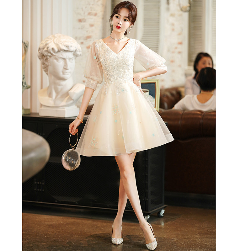 香槟色女气质短款轻奢小众高端婚纱 情海新娘礼服/晚装