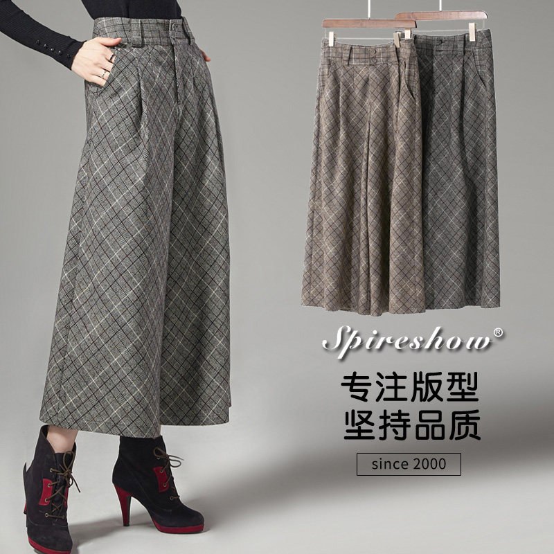 新款秋冬毛呢裙裤格子裤复古休闲裤 spireshow休闲裤