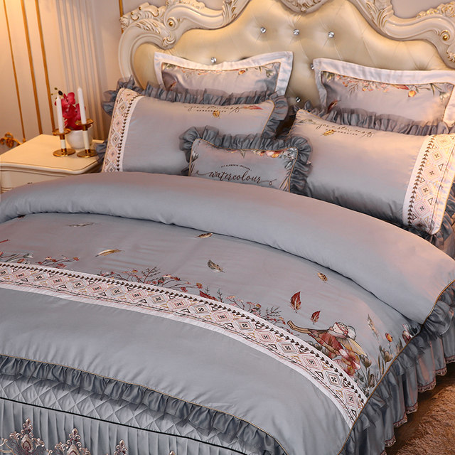 Embroidered cotton bed skirt four-piece set princess style bed set
