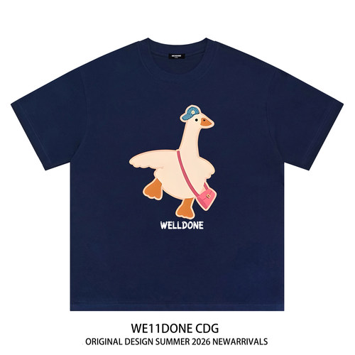 WE11DONE CDG美式潮牌WELLDONE卡通小鹅印花重磅宽松纯棉短袖t恤 - 图0