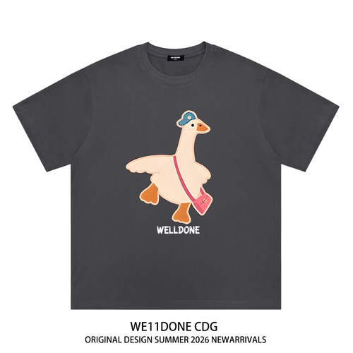 WE11DONE CDG美式潮牌WELLDONE卡通小鹅印花重磅宽松纯棉短袖t恤 - 图1