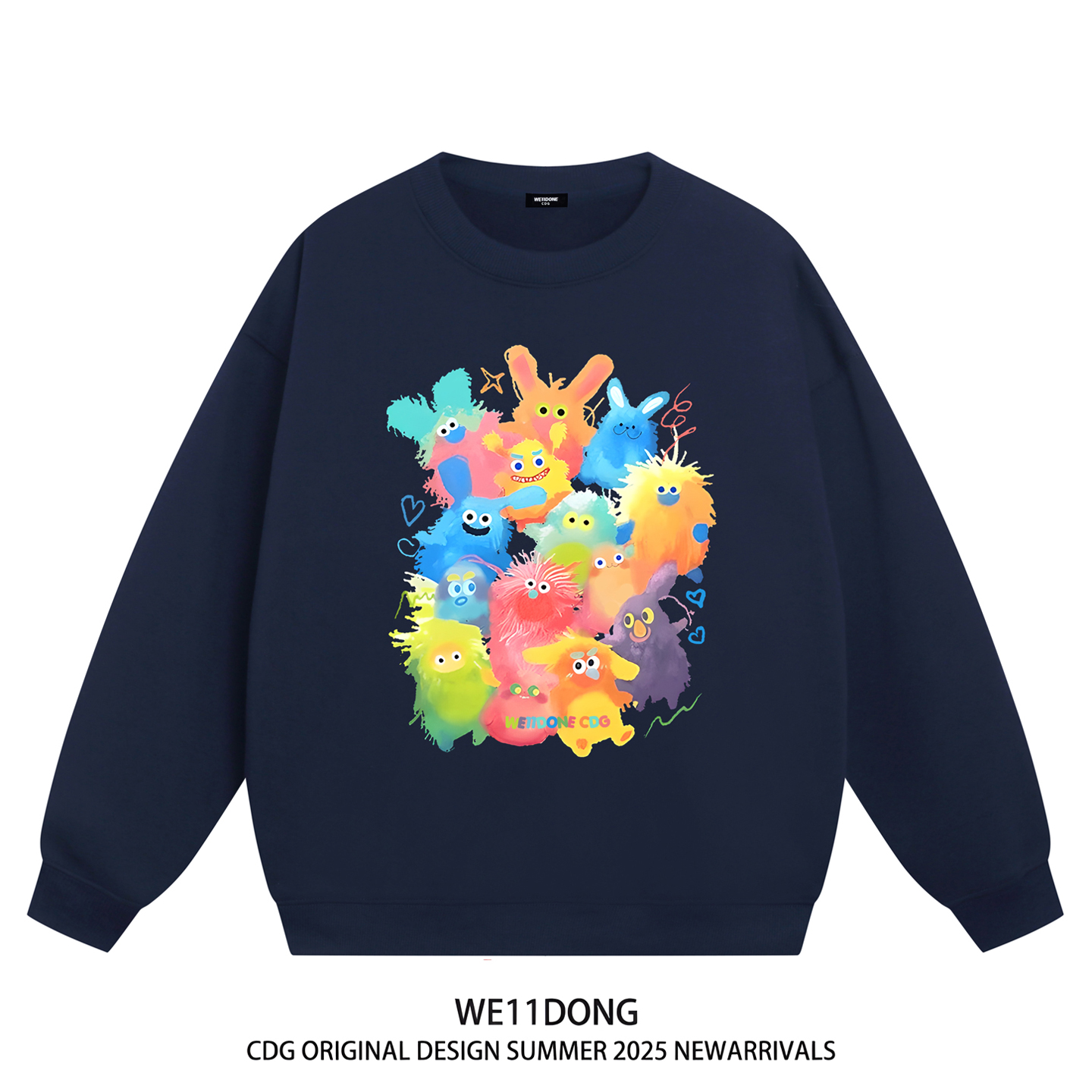 WE11DONE CDG潮牌明星同款涂鸦卡通印花男女重磅宽松加绒圆领卫衣 - 图0
