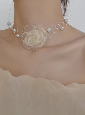 珍珠颈链春夏轻奢小众花朵项链