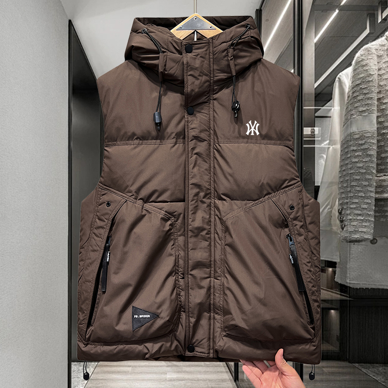 2025冬季新款男士羽绒马甲连帽加厚潮白鸭绒马夹情侣保暖坎肩外套 - 图1