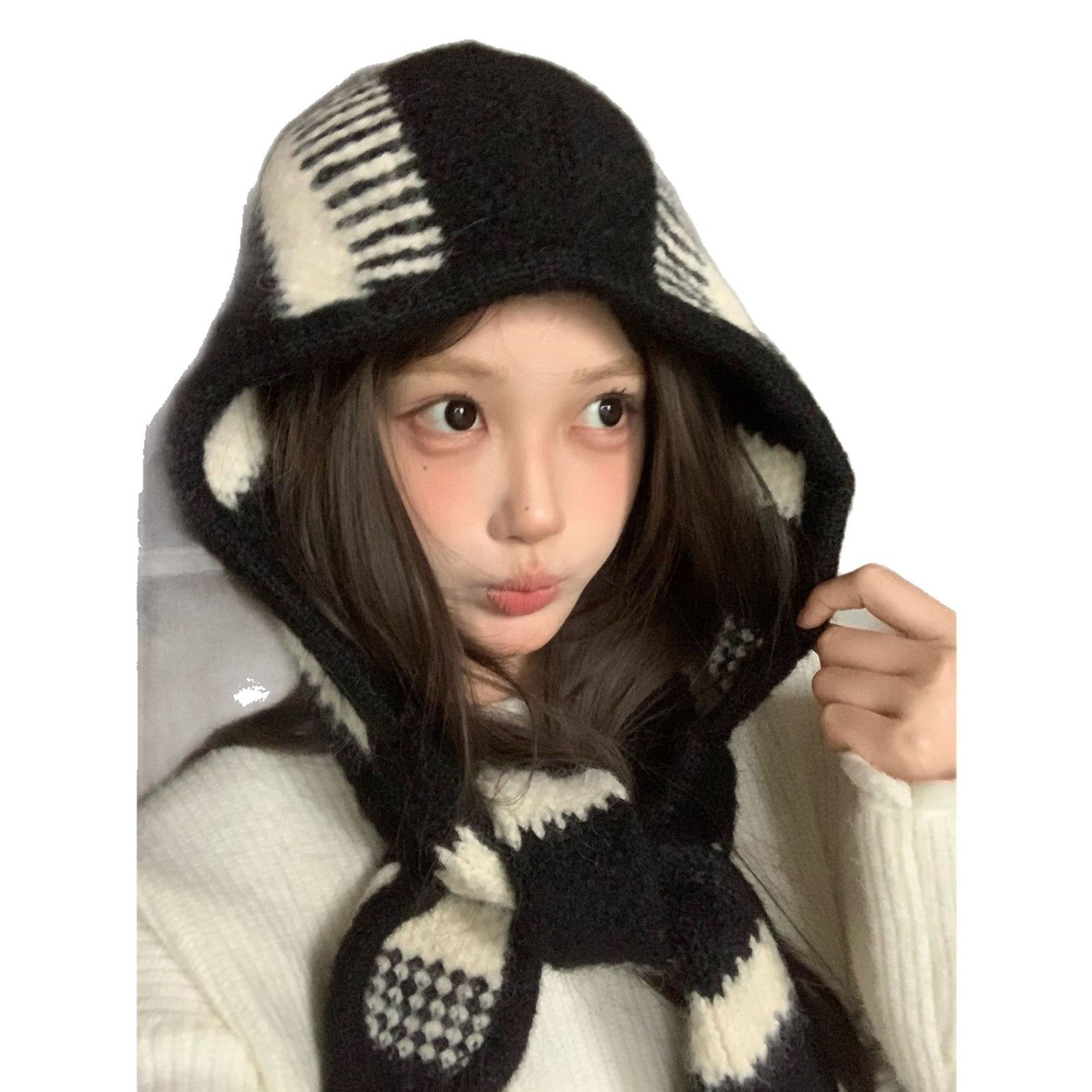 杨凯雯同款兔耳朵羊毛帽子围脖一体针织帽巴拉克拉法帽2025新款,淘宝优惠券,粉丝福利购,淘宝优惠卷