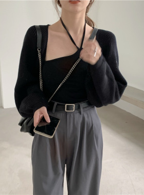 慵懒风宽松短款灯笼袖罩衫外套女镂空开衫长袖针织衫上衣小披肩