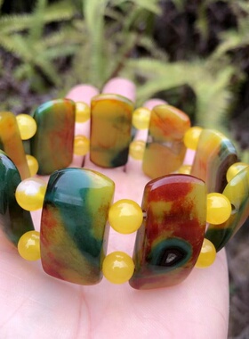 双排线宽手排隔珠七彩孔雀玛瑙玉手牌手排绿花彩玛瑙霸气男士手饰