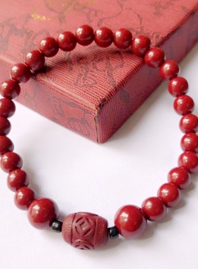 30%朱砂手链旗舰店6mm加8mm紫金砂帝王砂刻铜钱回纹桶珠手串男女