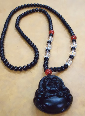 黑曜石长款项链小礼品弥勒佛吊坠