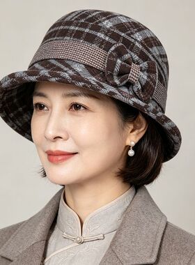 秋冬季女士奶奶保暖加厚中年帽子老人妈妈格子毛呢洋气盆帽渔夫帽