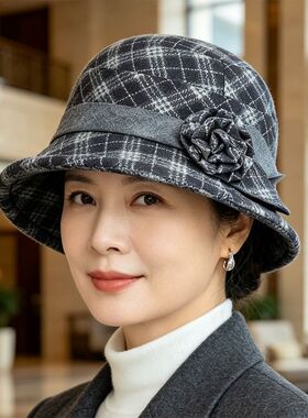 春秋冬中老年人帽子女妈妈老人奶奶加厚渔夫帽毛呢盆帽礼帽保暖帽