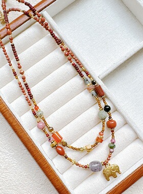 【通体钛钢洗澡免摘】秋冬新款手工叠戴吉象大象吊坠天然石项链女