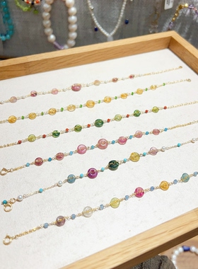 天然碧玺平安扣叠戴手链14k包金