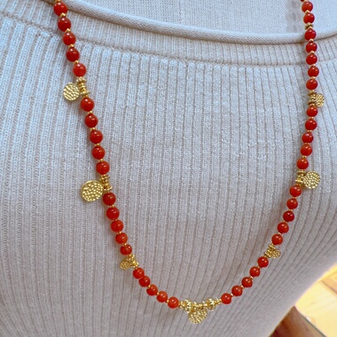 天然南红小米珠长款绳编毛衣链