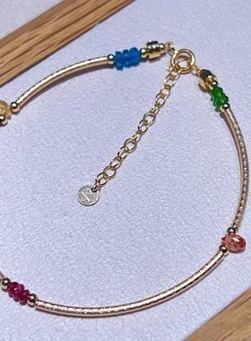 天然红蓝宝水滴14k包金手链