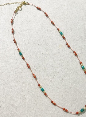 天然南红绿松石桶珠锁骨链镀金