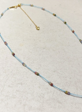 天然蓝月光石彩虹碧玺锁骨链