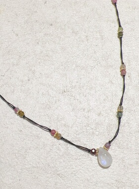 天然碧玺黑绳锁骨链极细镀金