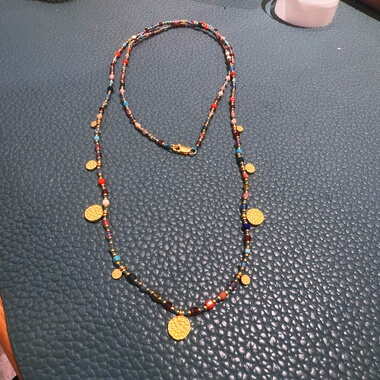 天然彩虹方糖925银镀金毛衣链