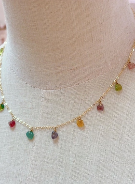 天然碧玺碎石14k包金锁骨链