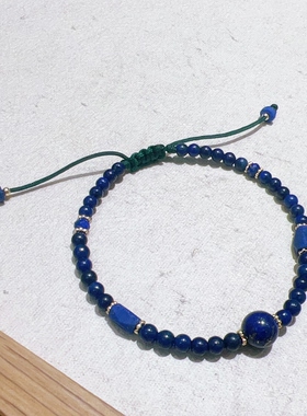 天然青金石手链原创女法式小众新中式抽拉编绳手工手链镀金几何形