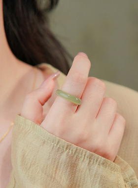 《知秋》天然和田玉高冰晴水戒指素圈新中式玉石饰品女尾戒食指戒