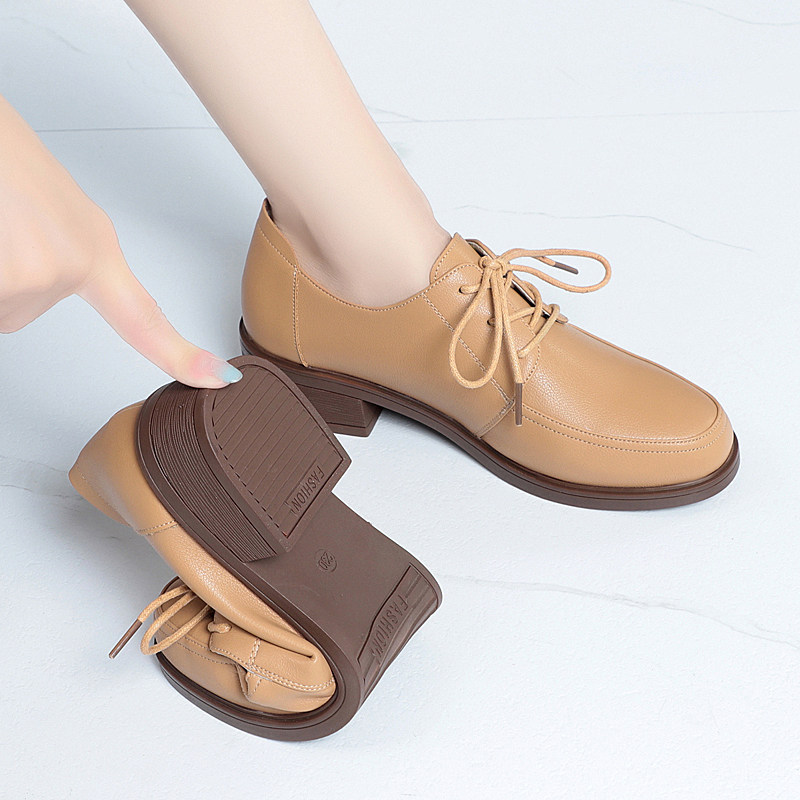 真皮英伦风小皮鞋女2025春秋新款系带低跟深口单鞋女粗跟工作鞋女,淘宝优惠券,粉丝福利购,淘宝优惠卷