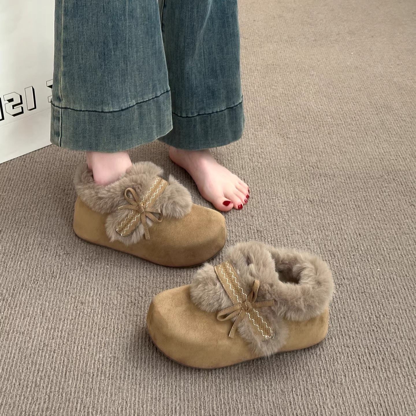 魔术贴小个子厚底毛毛勃肯鞋女2026春冬季新款加绒保暖一脚蹬棉鞋,淘宝优惠券,粉丝福利购,淘宝优惠卷