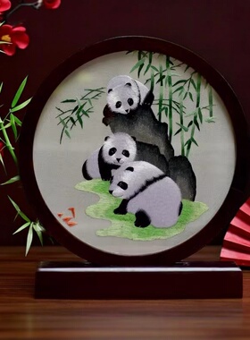 苏绣双面绣鸡翅木桌面摆件送老外