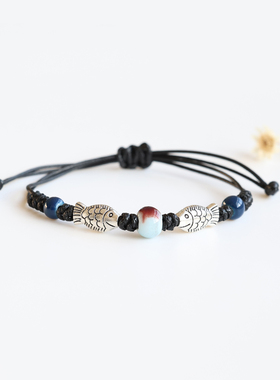 好运锦鲤编织手绳景德镇陶瓷瓷珠手链手串男女情侣民族风手饰手串