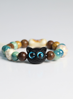 又萌又酷的猫咪猫头鹰手链陶瓷串珠手串景德镇瓷珠手饰学生小饰品