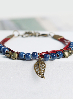 民族风编织小叶子铃铛陶瓷手链女生新款小众设计花釉闺蜜手串男生