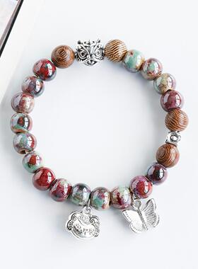 民族风醒狮国风手串景德镇陶瓷手链瓷珠串珠手饰情侣手绳摆摊货源