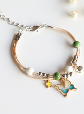 小清新文艺卡通蝴蝶款陶瓷手链景德镇瓷珠串珠手串学生闺蜜小饰品