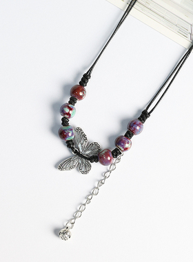 新中式民族风项链景德镇陶瓷串珠毛衣链蝴蝶款流苏吊坠古风配饰