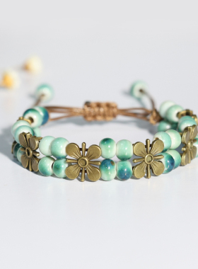 民族风景德镇手链陶瓷手串女复古串珠手绳小众新中式学生饰品礼物