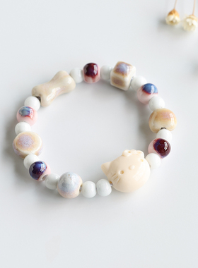 文艺小清新可爱KT猫陶瓷手链景德镇瓷珠琉璃珠手串女闺蜜学生首饰