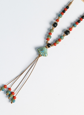 新中式民族风陶瓷项链女景德镇毛衣链长款秋新款百搭古风吊坠配饰