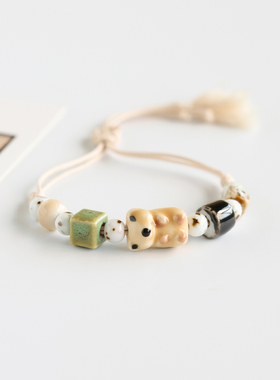 可爱小猫陶瓷招财猫手串景德镇手链女情侣编织手绳男新中式首饰品