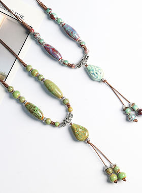 古风汉服旗袍服饰配饰吊坠景德镇陶瓷项链毛衣链长款民族风小饰品