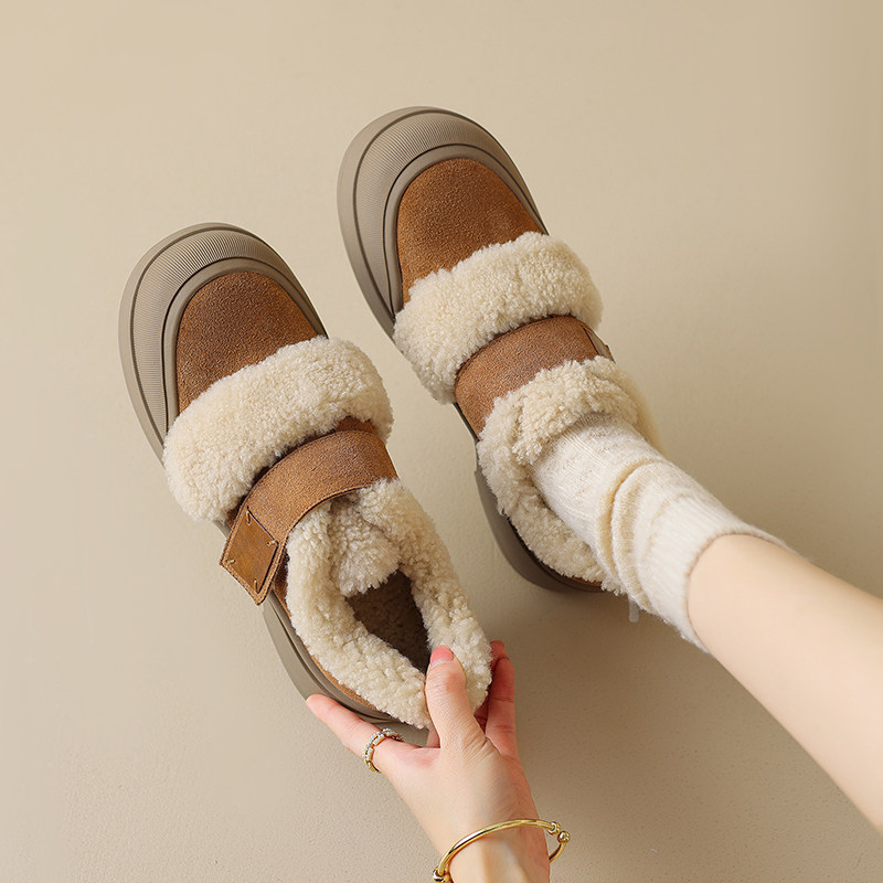 林可可复古真皮厚底毛毛鞋圆头魔术贴乐福鞋女增高加绒雪地靴女,淘宝优惠券,粉丝福利购,淘宝优惠卷