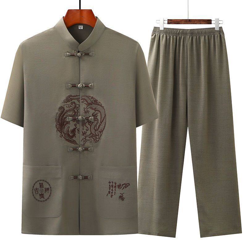 唐装男冰丝短袖套装夏季薄款中国风爷爷宽松衣服中老年人爸爸夏装,淘宝优惠券,粉丝福利购,淘宝优惠卷